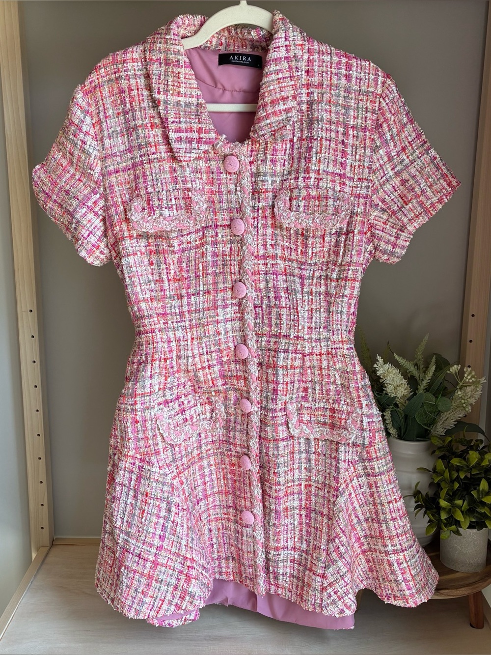 Akira Take Notes Tweed Mini Sequin
Dress Pink Size L Glam Feminine
Fairy